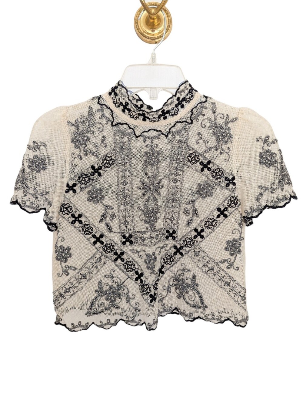 Zara Mesh Embroidered High Neck Crop Top